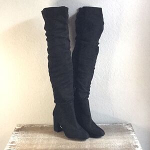 NWT black thigh length suede look chunky heel boots